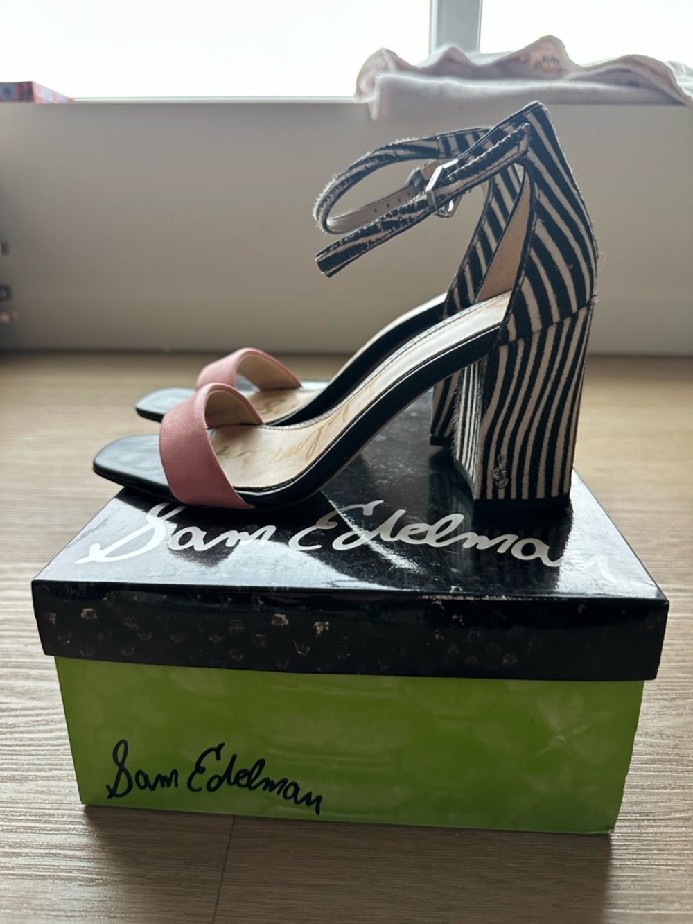 Sam Edelman Pink Leather Sandals with Black-and-White Striped Block Heel
